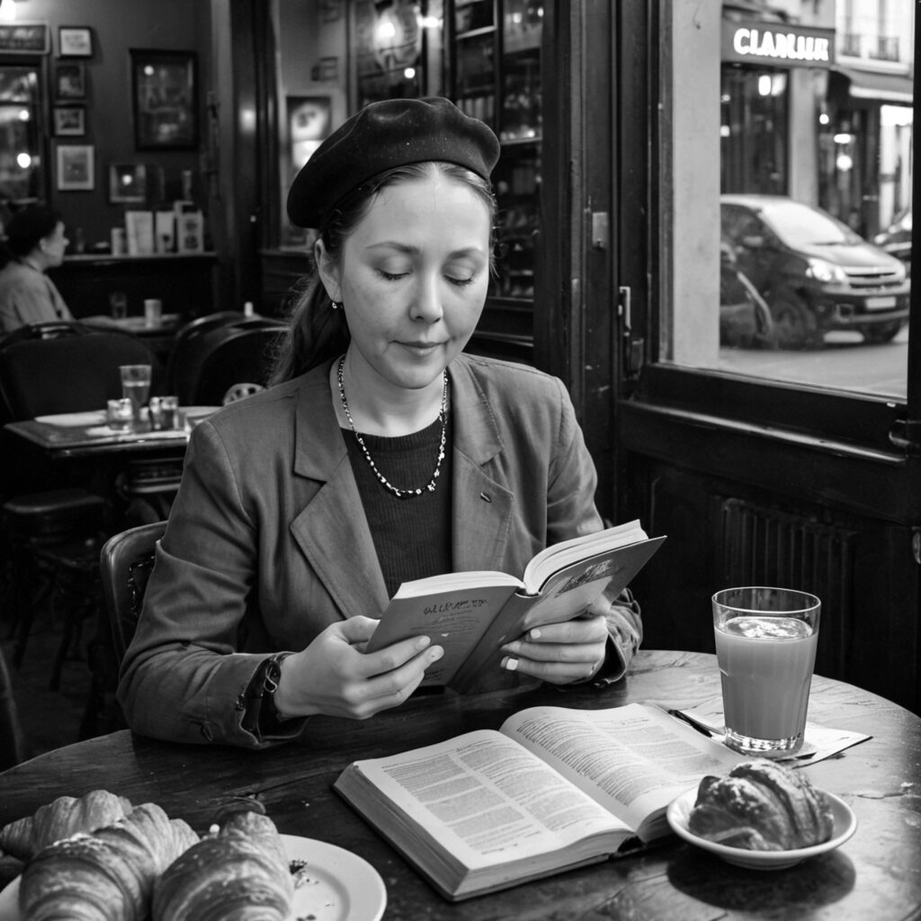 Katarina kopplar av med en bok på ett av sina favorit-caféer.